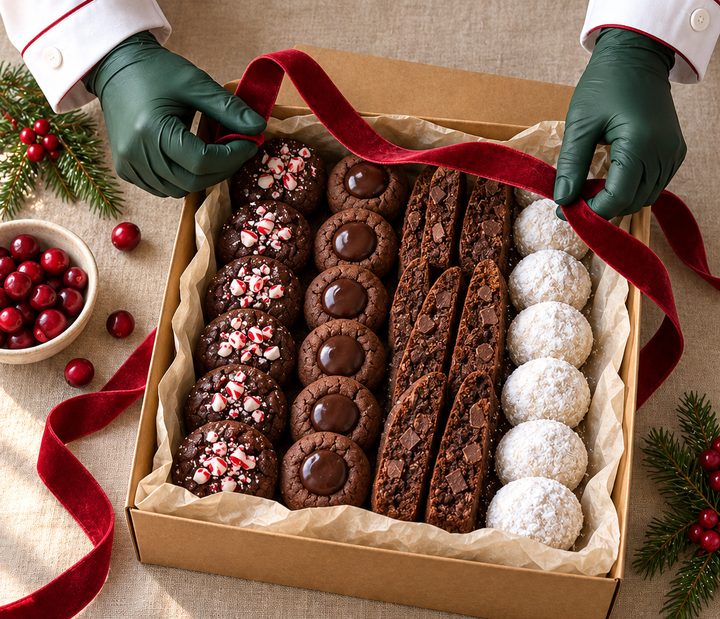 The Chocolate Lover's Box: peppermint cookies, thumbprints, biscotti and snowballs