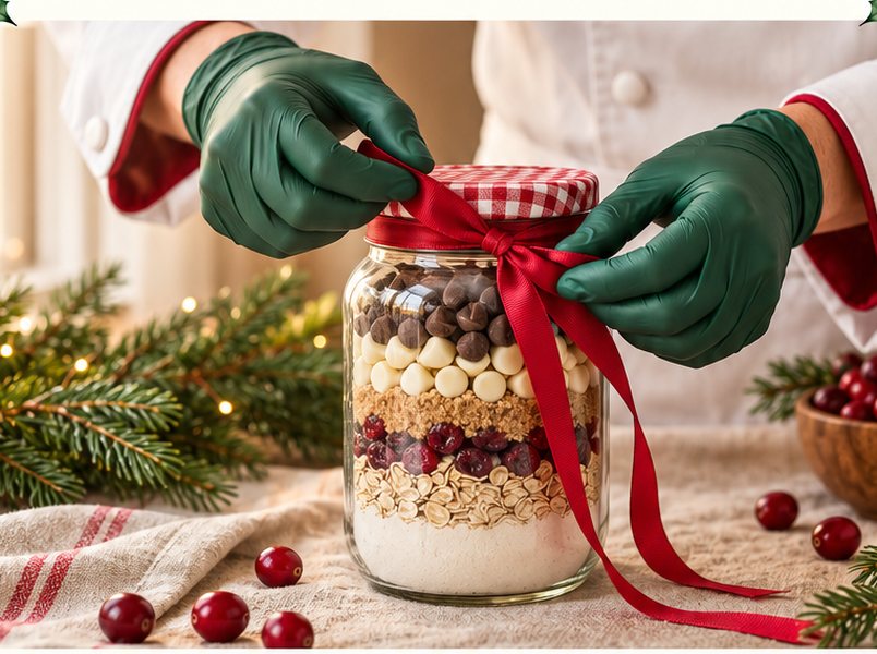 Gloved hands tying a red ribbon on a layered cookie jar