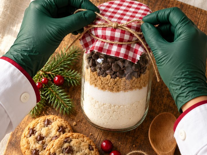 A layered cookie mix in a jar with a gingham lid