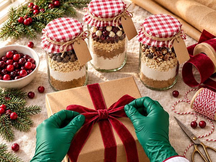 Jar mixes and a wrapped gift box with ribbon